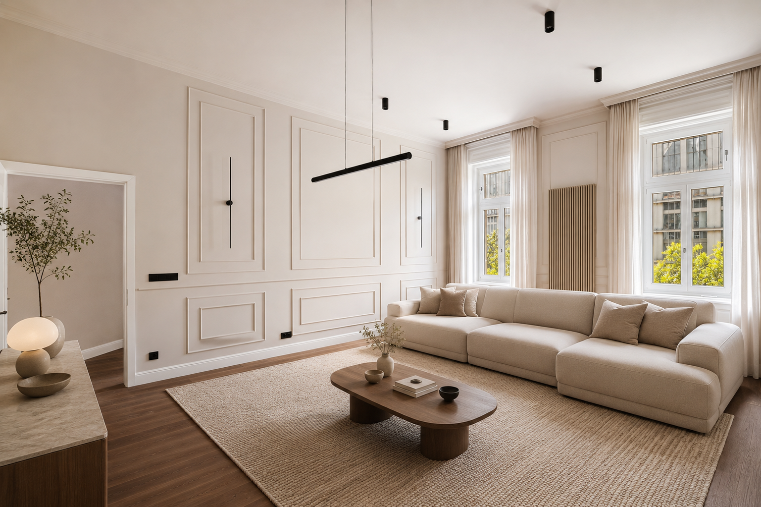 Living room with panelled stucco walls