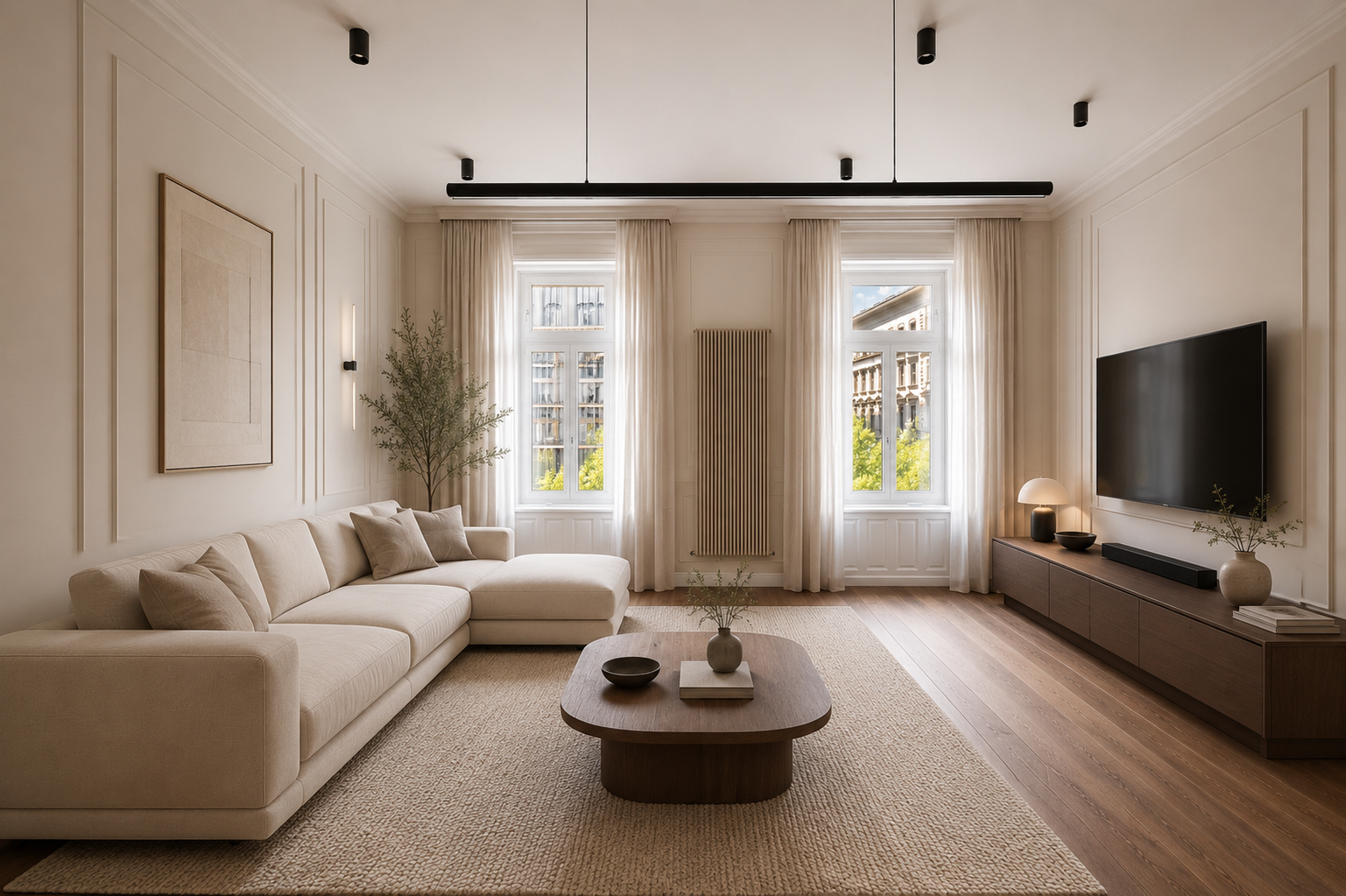 Living room with sectional and TV